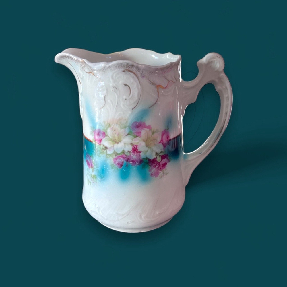 Shabby Chic Floral Pitcher White and Teal Vintage Pitcher Otnate Antique Pitcher - Picture 4 of 10